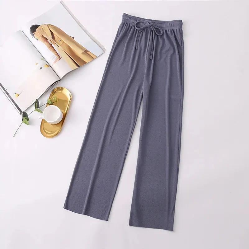 Women Long Pants 2024 Spring Summer Straight Long Elastic Waist Wide Leg women long trousers Casual Soft Knitted Pants