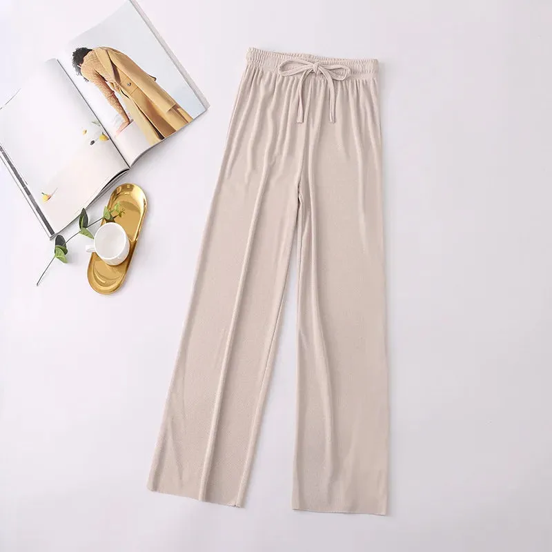 Women Long Pants 2024 Spring Summer Straight Long Elastic Waist Wide Leg women long trousers Casual Soft Knitted Pants