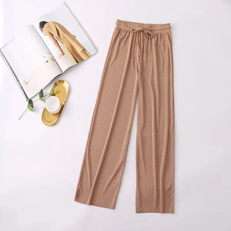 Women Long Pants 2024 Spring Summer Straight Long Elastic Waist Wide Leg women long trousers Casual Soft Knitted Pants