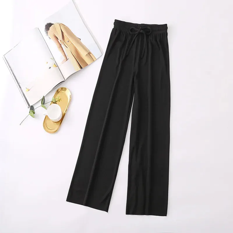 Women Long Pants 2024 Spring Summer Straight Long Elastic Waist Wide Leg women long trousers Casual Soft Knitted Pants