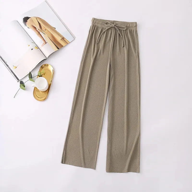Women Long Pants 2024 Spring Summer Straight Long Elastic Waist Wide Leg women long trousers Casual Soft Knitted Pants