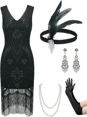 YESSA Women's Flapper Dresses 1920s,Great Gatsby Fringed Dresses with 20s Accessories Set for Formal/Party/Prom/Club/Wedding